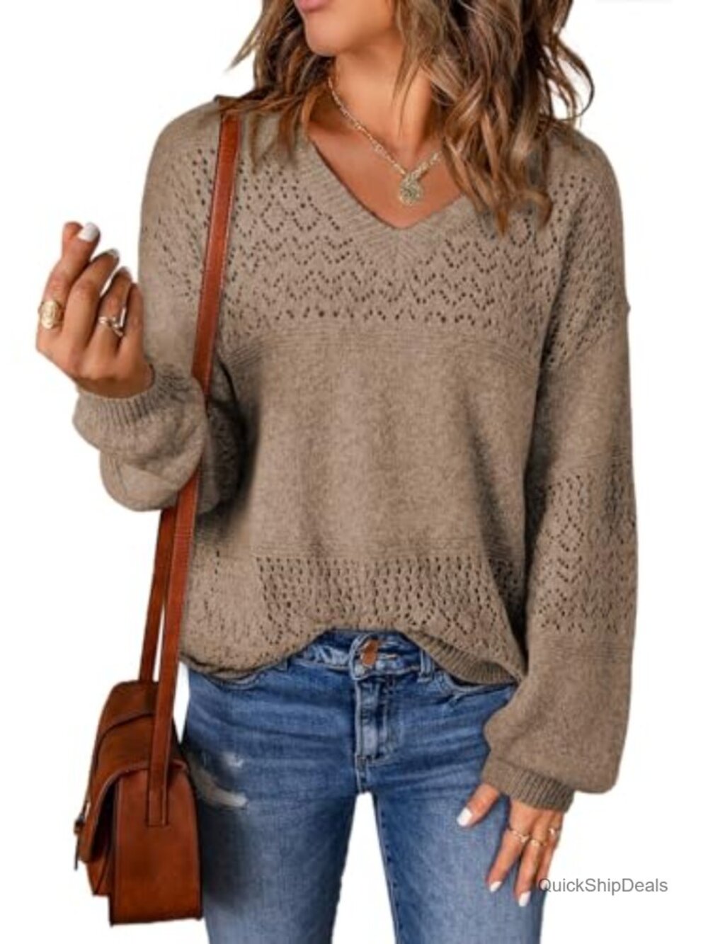 SHEWIN Womens Lightweight Crochet Pullover Sweater Long Sleeve V Neck Cable Knit
